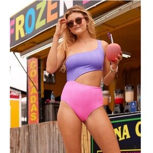 Aerie Asymmetrical Crinkle One Piece Cut Out Monokini in Purple Pink Size SL